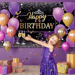 Purple Happy Birthday Party Decorations Women Photo Backdrop Background Banner