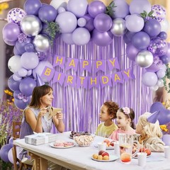Metallic Silver White Lavender Purple Balloons, Happy Birthday Banner, Cake T…