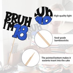 1 PCS Bruh Im 18 Cake Topper Glitter Happy 18th Birthday Pick Blue Decor