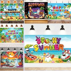 Summerween Backdrop Halloween Beach Skeleton Sunset Banner Photo Background