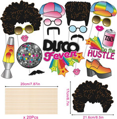 70’s Photo Booth Props, 1970s Disco Throwback Party Theme Decorations, 20 Pieces