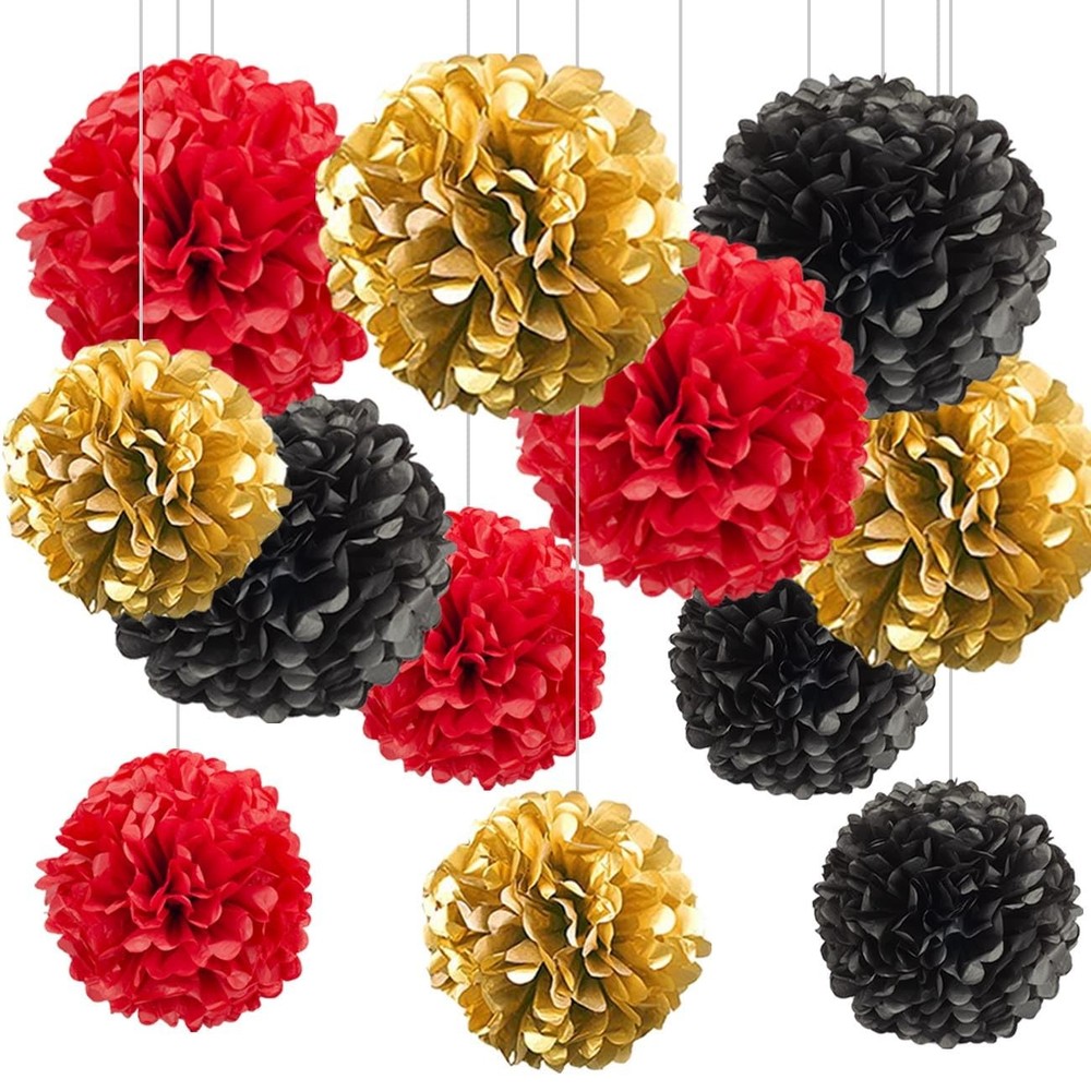 12 PCS Black Red Gold Tissue Paper Pom Poms Hanging Ceiling Flowers Party Decor