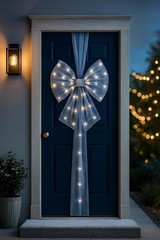 Grey Christmas Door Bow 20″ LED Lights Holiday Home Xmas Gift Decoration