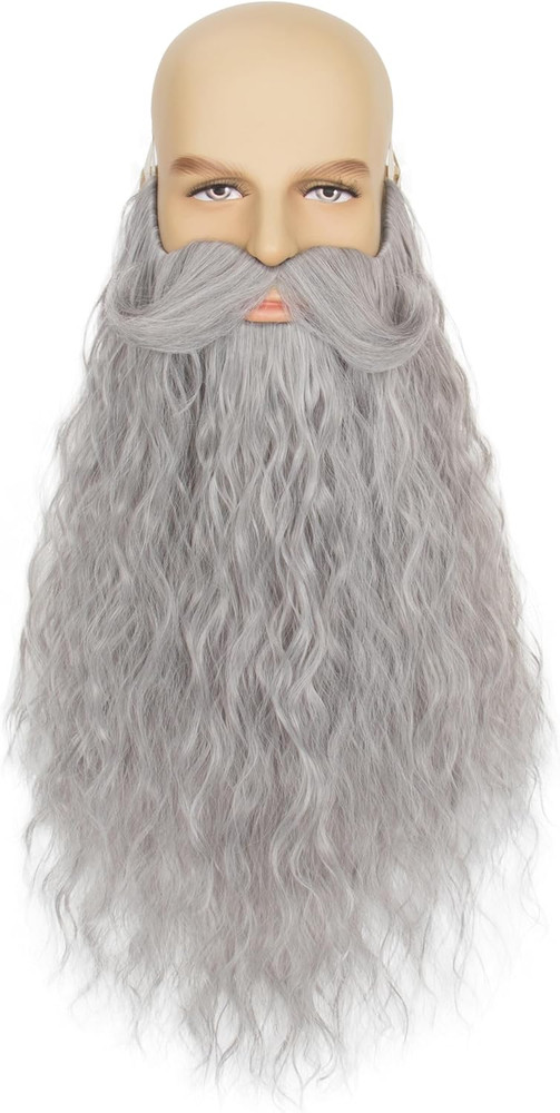 Long Curly Wizard Beard Men Full Fake Beard and Handlebar Mustache Cosplay Costu