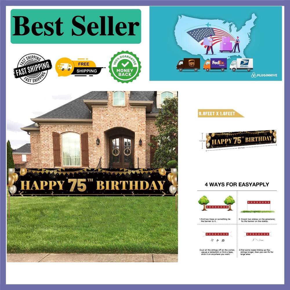 Versatile 75th Birthday Banner in Black & Gold – Easy to Hang 9.8 x 1.6 ft