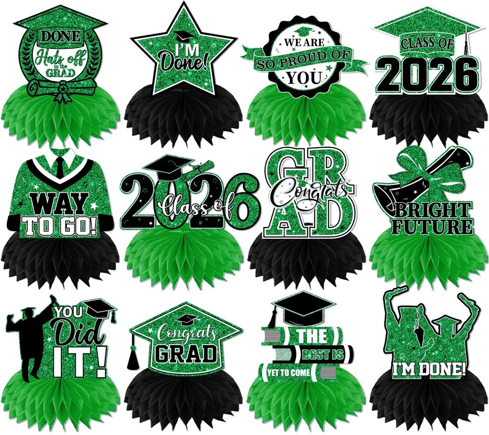 12 PCS Black Green Class 2026 Graduation Table Honeycomb Centerpiece Decor