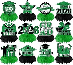 12 PCS Black Green Class 2026 Graduation Table Honeycomb Centerpiece Decor