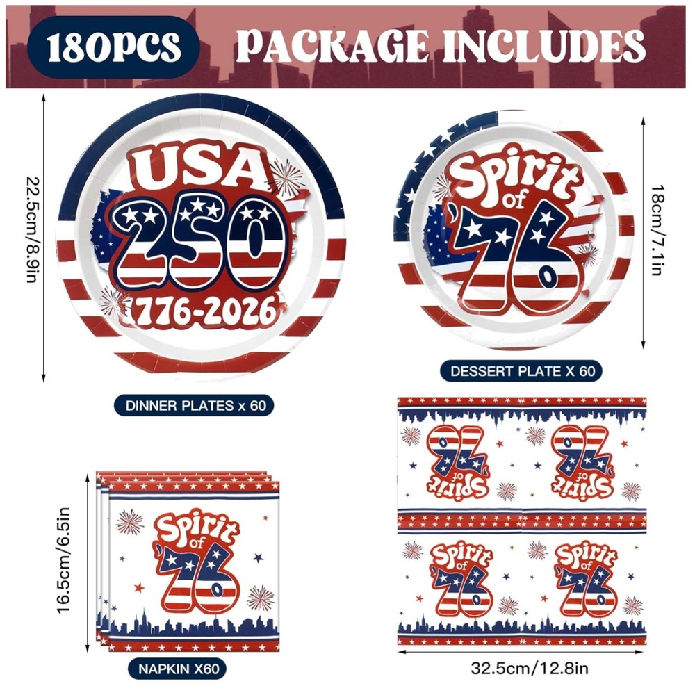 Patriotic 250th Anniversary Kit, 180Pcs, Serve 60 Guests