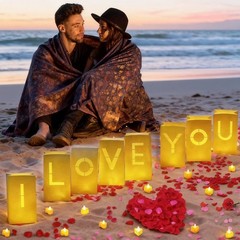 Romantic «I Love You» Decor Set – Light Up Letters, Tea Lights, Rose Petals & Ba