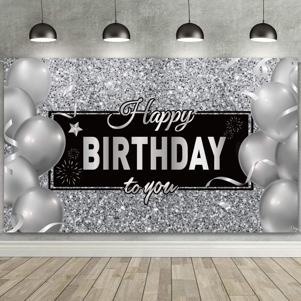 Sumind Black Silver Happy Birthday Banner Backdrop Party Decoration for Men Wome