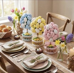 3pc Easter Egg Topiary Tree 8.8in Decor Spring Pink Yellow Blue Picket Fence Pot
