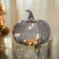 Indigo Blue Crackle Glass Pumpkin Twinkling Light with Timer- Fall Decoration…