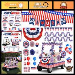 4th of July Golf Cart Parade Decor Kit – Red White Blue Flags, Fringe Garland &