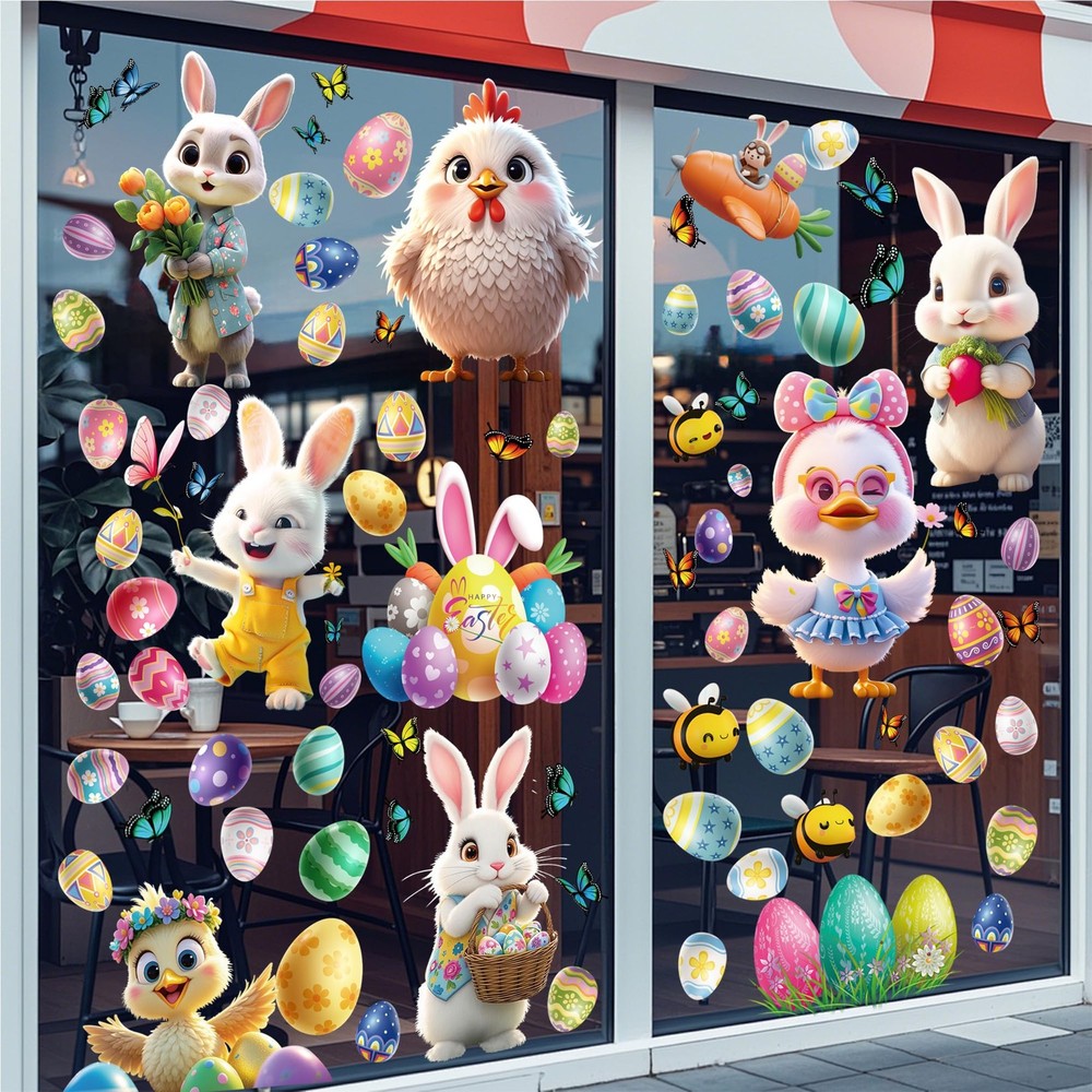 3D Easter Window Clings – 9 Sheets Bright Double-Sided 78Pcs Bunny & Egg Window