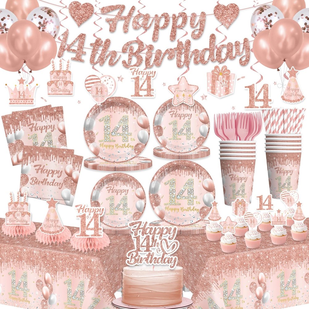 Yingoto 193pcs 14th Birthday Decorations for Girls Complete Tableware Set, 14