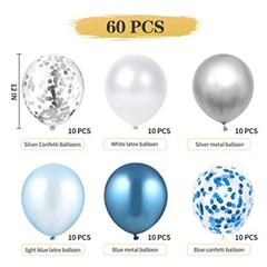 60 Light Blue, White, Silver Metallic Balloons Confetti Decoration for Birthday