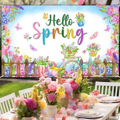 Hello Spring Banner Photo Backdrop 6 x 3.6 ft Colorful Floral Easter Holiday Par