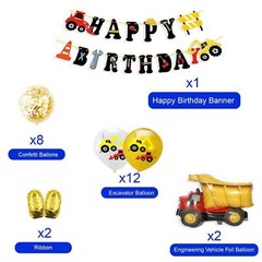 Birthday Party Decoration, Construction Themed Banner Truck Balloons Set