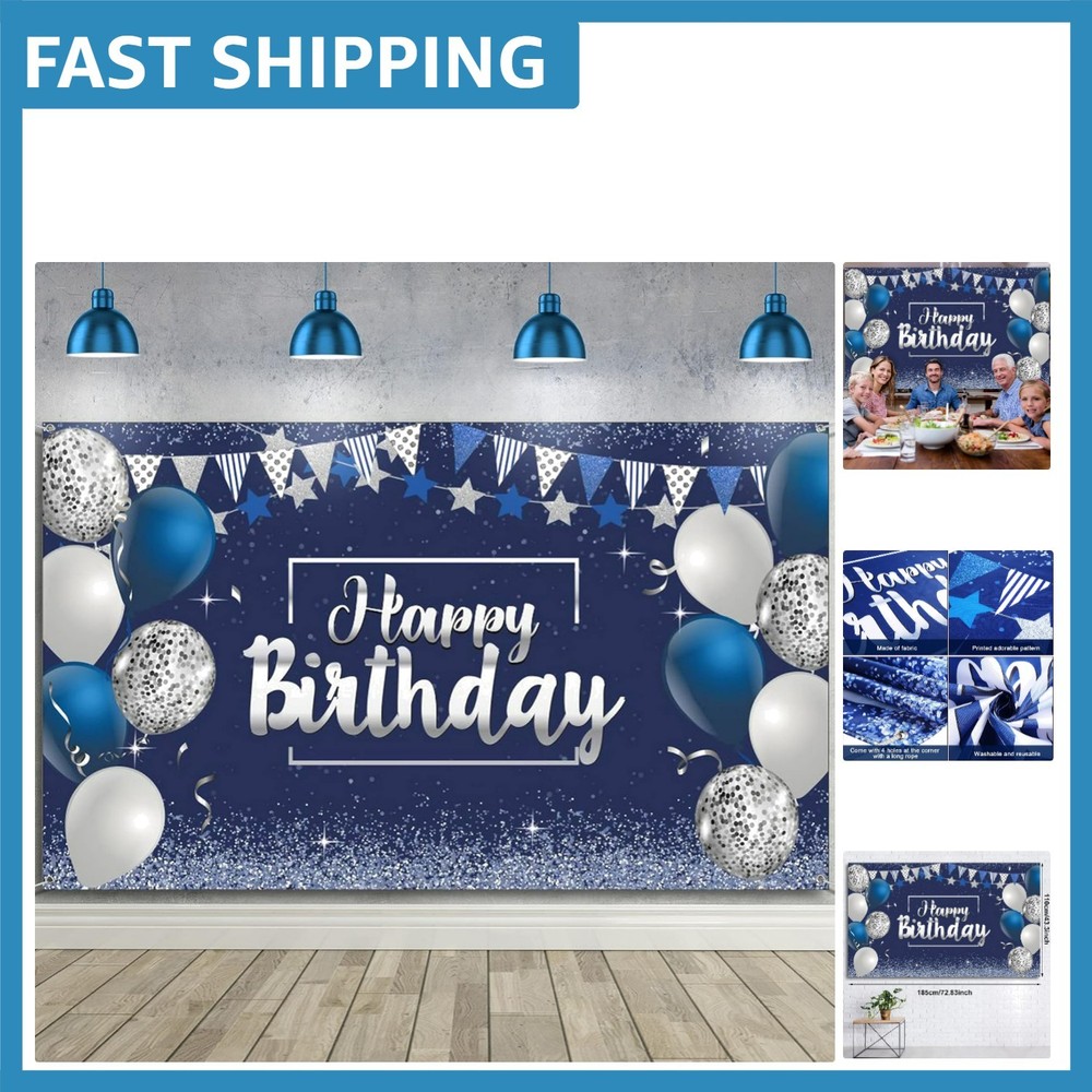 Navy Blue & Silver Happy Birthday Banner – Stunning 72.8 x 43.3 Inch Decoration