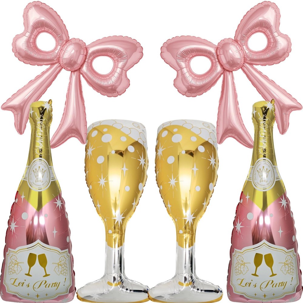 6 Pcs Pink Bow Balloons, Huge Rose Gold Champagne Bottle Goblet Aluminum Foil…