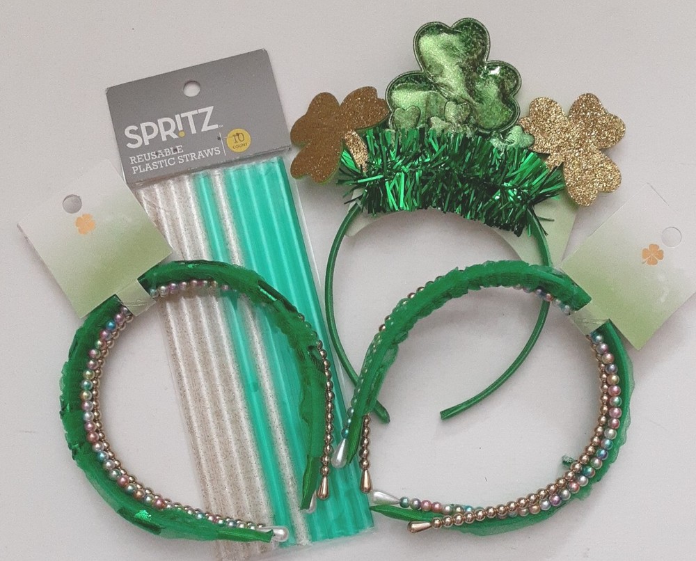 St Patricks Day Irish Shamrock Headbands & Drink Straws Party Lot