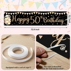Happy 50Th Birthday Banner Sign Black Gold Glitter 50 Years Old Birthday Party H