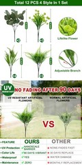12 Bundles 4 Styles Artificial Plants Outdoor, UV Resistant No 12P, Green