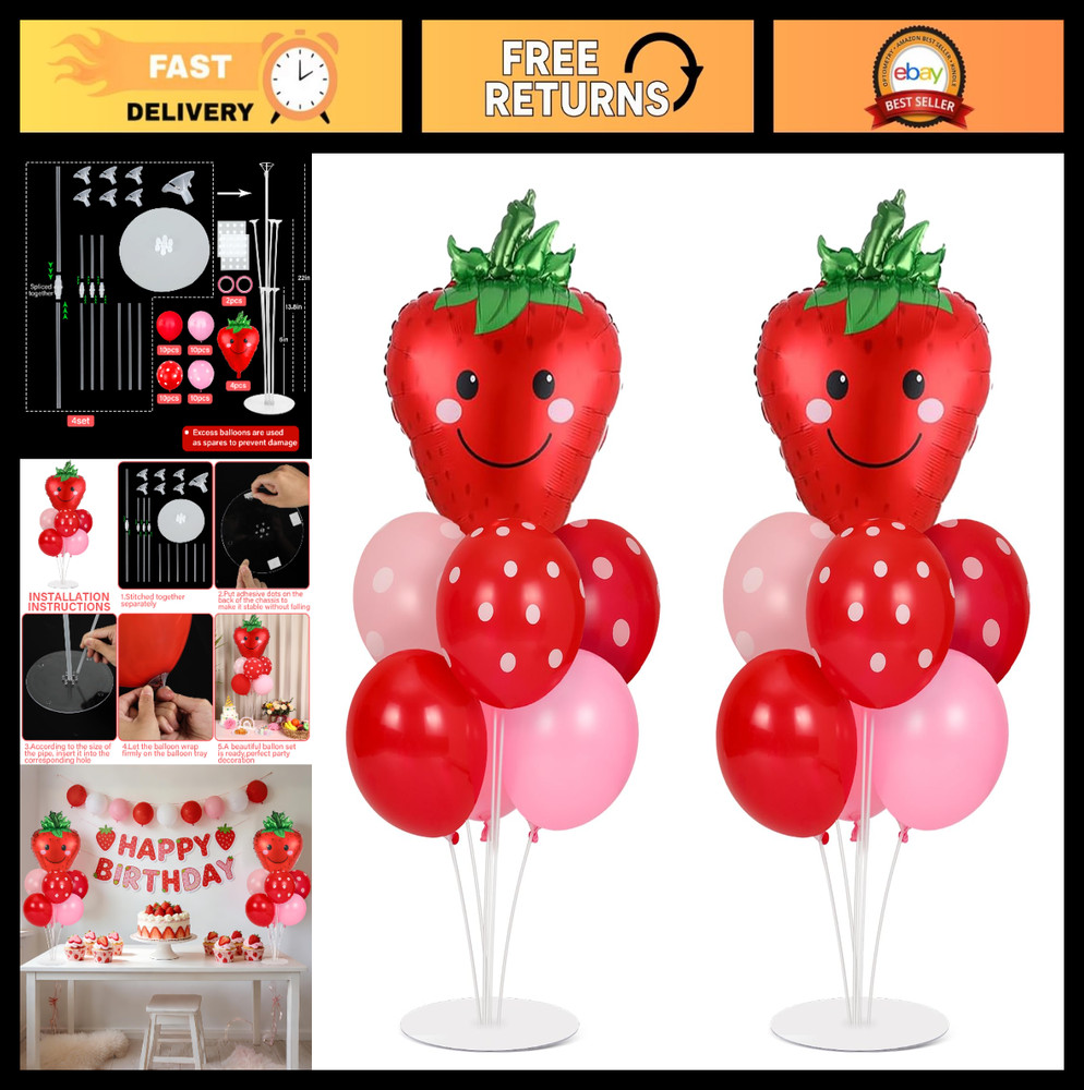 Strawberry Party Balloon Stand Kit – 2 Sets with Red & Pink Dot Foil Balloons, S