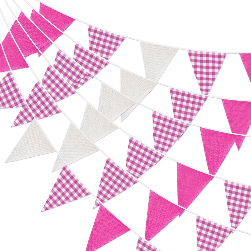 Pink and White Gingham Fabric Bunting Banner, 32Ft Cotton Burlap Triangle Gar…