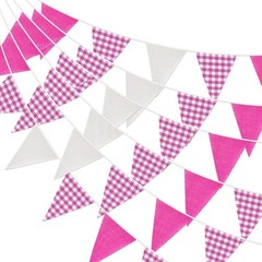 Pink and White Gingham Fabric Bunting Banner, 32Ft Cotton Burlap Triangle Gar…