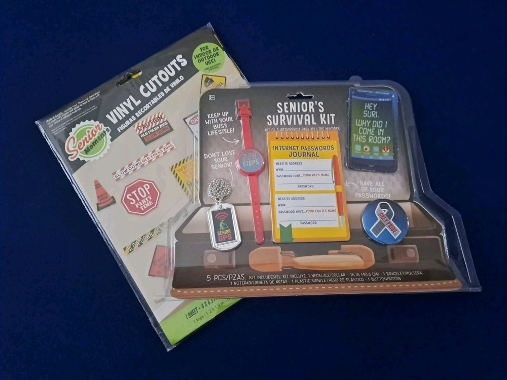 Over the Hill Senior Birthday Decor Vinyl Cutouts And Senior Survival Kit.