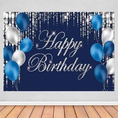 Navy Bluey and Silver Happy Birthday Backdrop 6×3.6ft Navy Blue and Silver