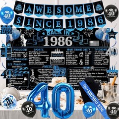40th Birthday Decorations for Men, 20PCS Black Blue Back in 1986 Birthday Par…