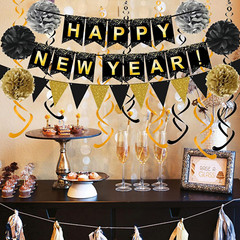 Happy New Year Set Black Banner with Gold Black Paper Flag Bunting Swirl Streame