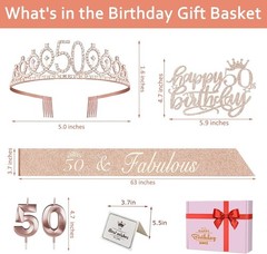 Elegant 50th Birthday Sash, Crown & Glittery Cake Topper Gift Set in Rose Gold