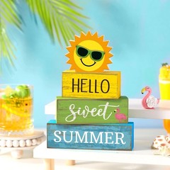 Hello Summer Tiered Tray Decor – 4 Rustic Wooden Centerpieces for Festivities