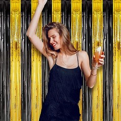 2 Pack Foil Fringe Backdrop 39.6″W x 98.4″L (Pack of 2) Black and Gold
