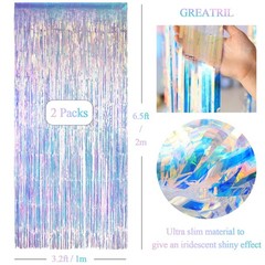 Iridescent Party Streamers Backdrop GREATRIL Neon Transparent Holographic Tinsel