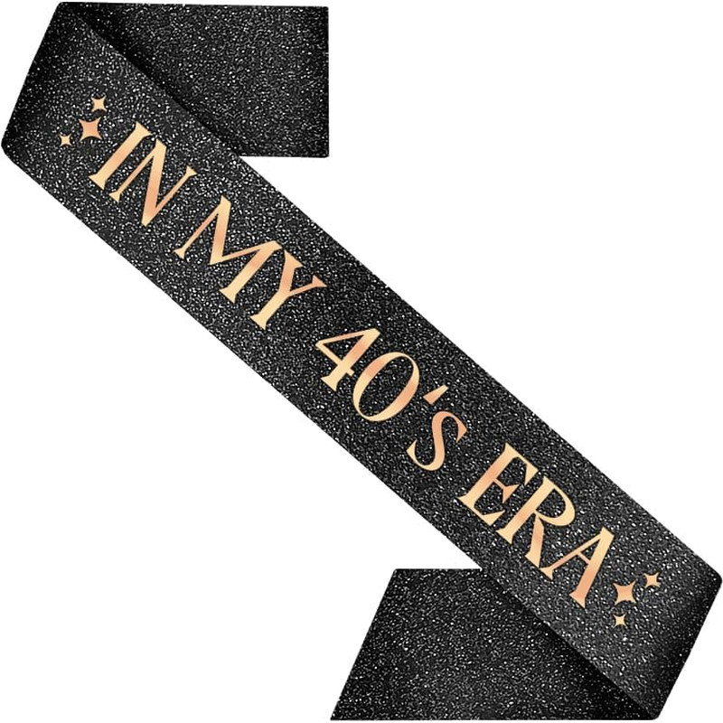 PartyForever in My 40’s Era Sash – Black Glitter Sash with Rose Gold Letters