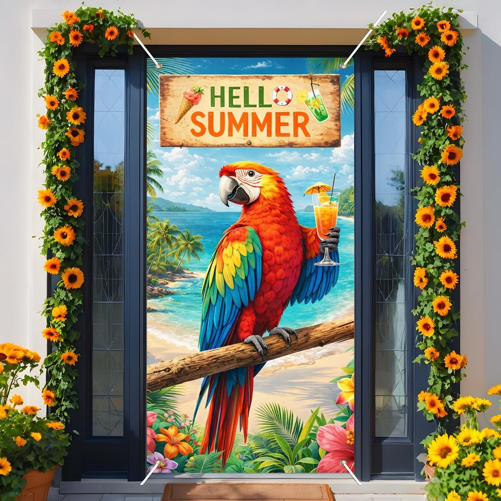 Hello Summer Door Cover 71 x 35 Inch, Tropical Parrot Beach Outdoor Door Deco…