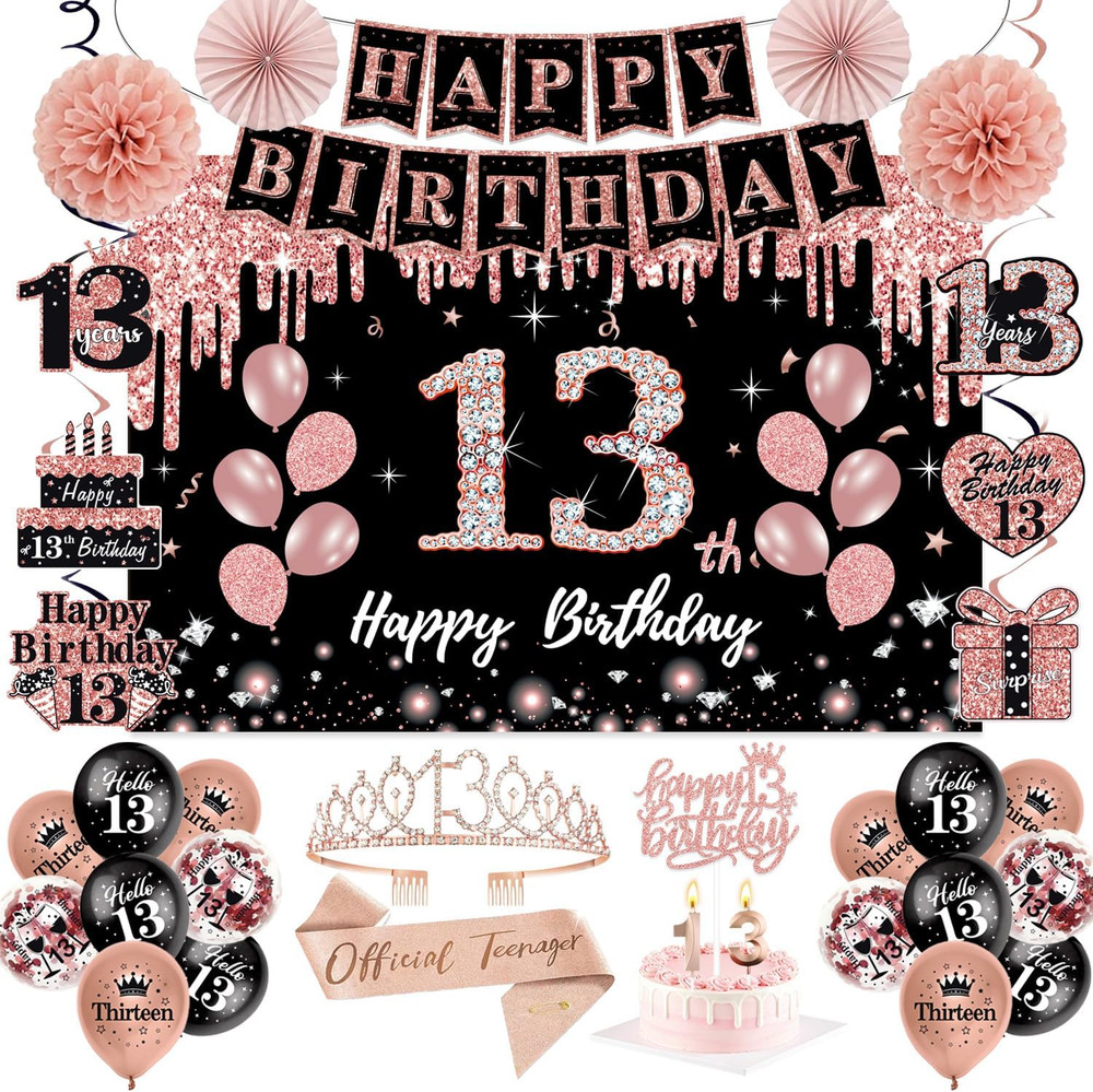 13Th Birthday Decorations for Girls,51Pcs PRE-STRUNG Rose Gold Black Party Set-1