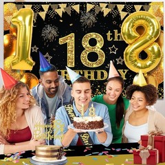 18th Birthday Party Decorations – Black & Gold Banner, Balloons, Sash, Cake Topp