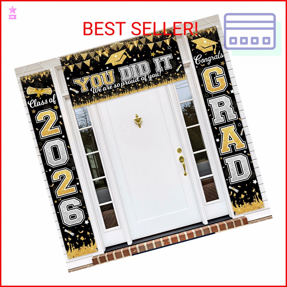 Graduation Decorations Class of 2026 Graduation Banner 3 Pieces Set Black Gold C