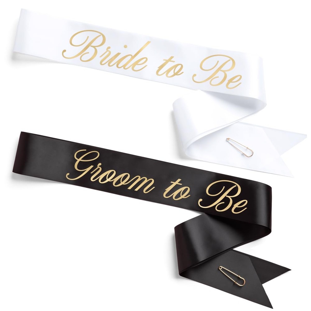 2 PCS Bride And Groom Sash Duo White Black Satin Gold Foil Wedding Party