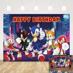 Sonic the Hedgehog Happy Birthday Backdrop 5×3.5ft,for Kids Birthday Party Decor