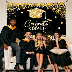 Graduation Decorations 2026 – Black and Gold Graduation Backdrop and Congrats Gr