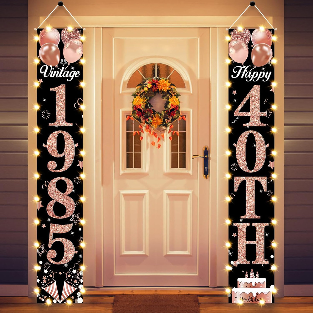 40th Birthday Lighted Banner – Rose Gold & Black Vintage Party Decor 1985