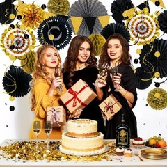 24 Pcs Black and Gold Party Decorations, Paper Fans Pom Poms Garland Decor | …