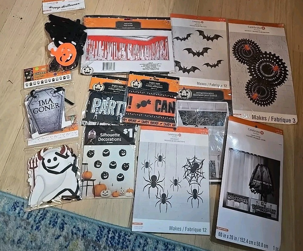 Big lot Of Halloween Party Decor Banners Spiders Pumpkins Bats Lamp Cover +++