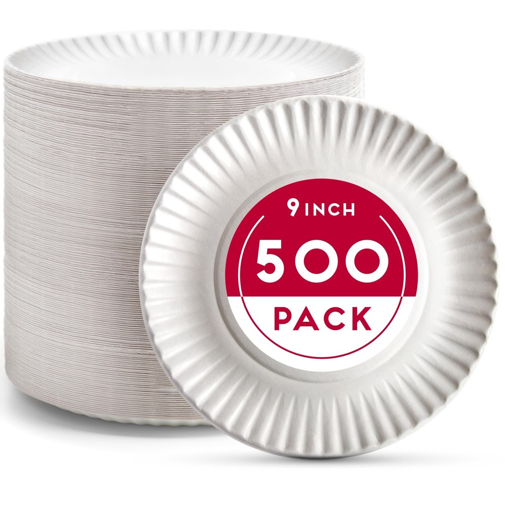 Alitte 9-Inch Disposable Paper Plates – 500 Count – Bulk Pack of Uncoated Pap…